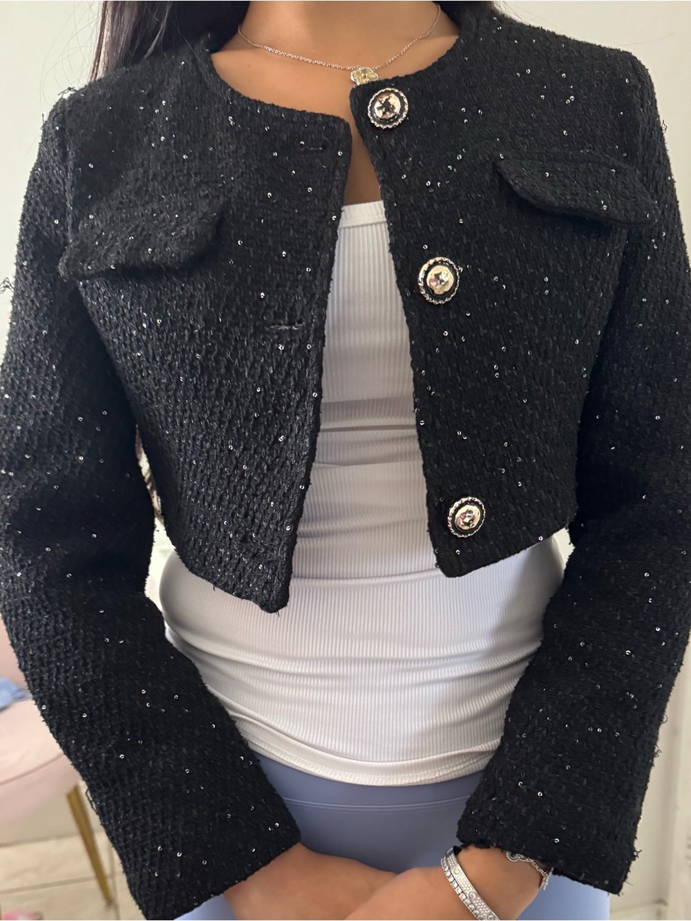 Cropped Black Tweed Sequin-Embellished Jacket